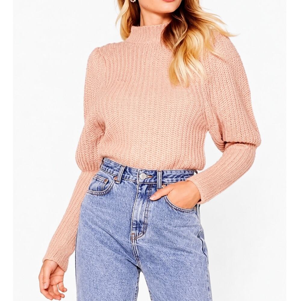 Nasty Gal Textured Yarn Puff Sleeve Jumper Dusty Rose Pink Sweater Medium Knit